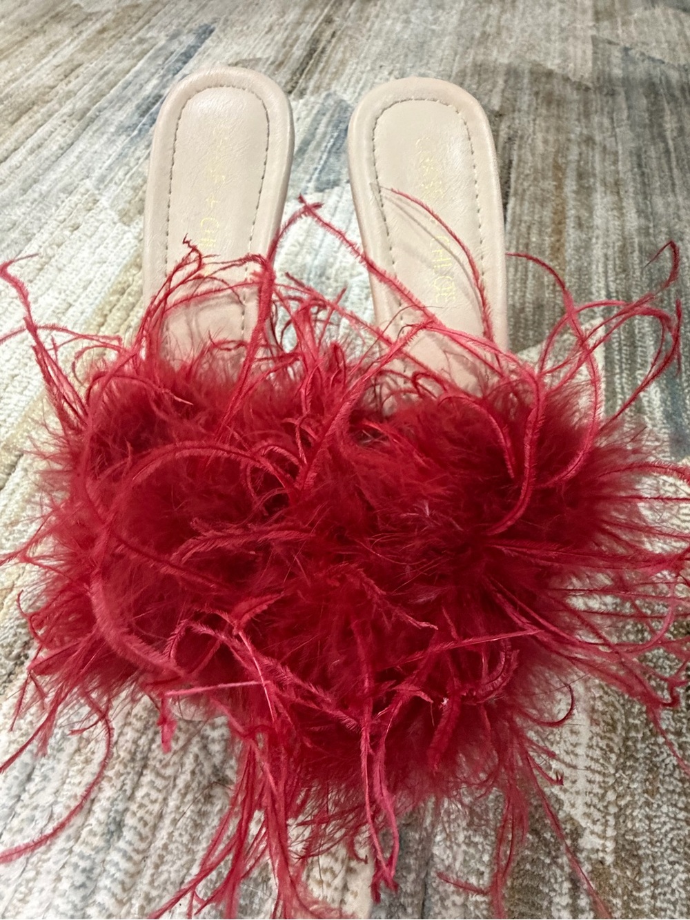 Chase + Chloe Red Feather Slide Mules